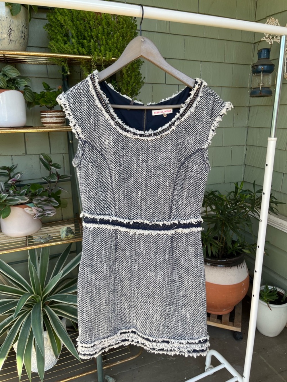Rebecca Taylor Blue and White Tweed Dress with Chain and Fringe Accents